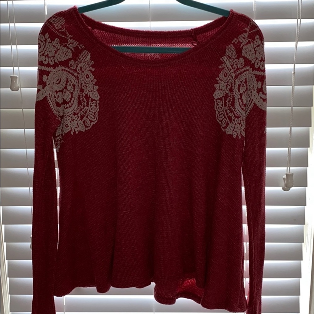 Free People Red, long sleeve waffle top